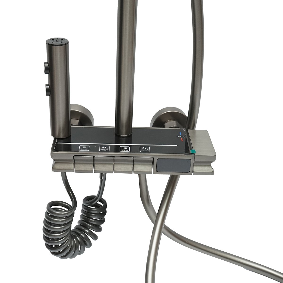 Set dus multifunctional cu termostat, afisaj digital temperatura apa, 4 functii de curgere a apei, pipa cada, dus dreptunghiular, dus de mana, dus bideu, gri